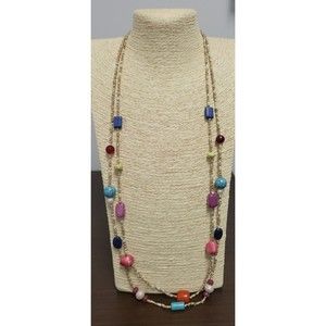 Chico's Multicolored Double Strand Beaded Lucite Long Necklace Colorblock NWT